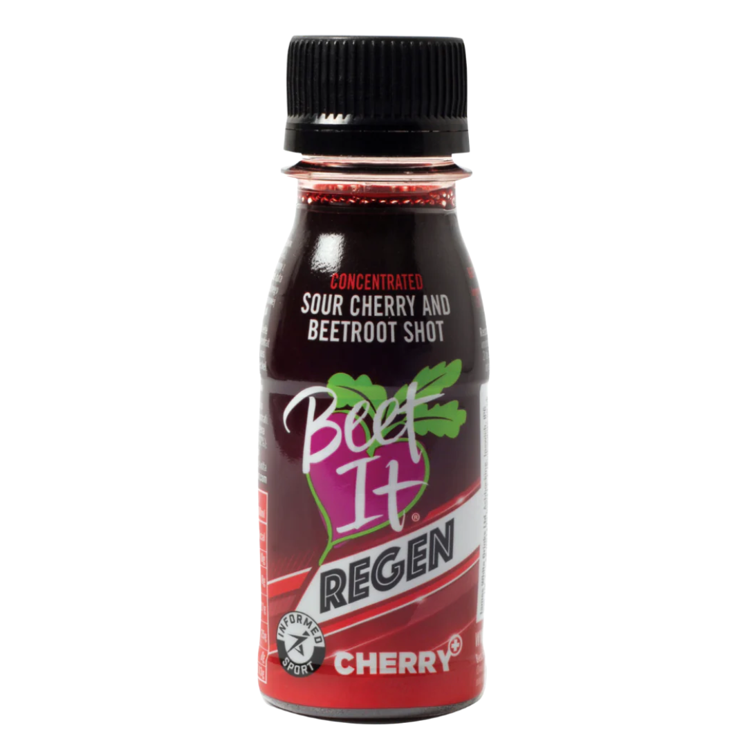 A bottle of Beet It Sport Sour Cherry and Beetroot Shot.