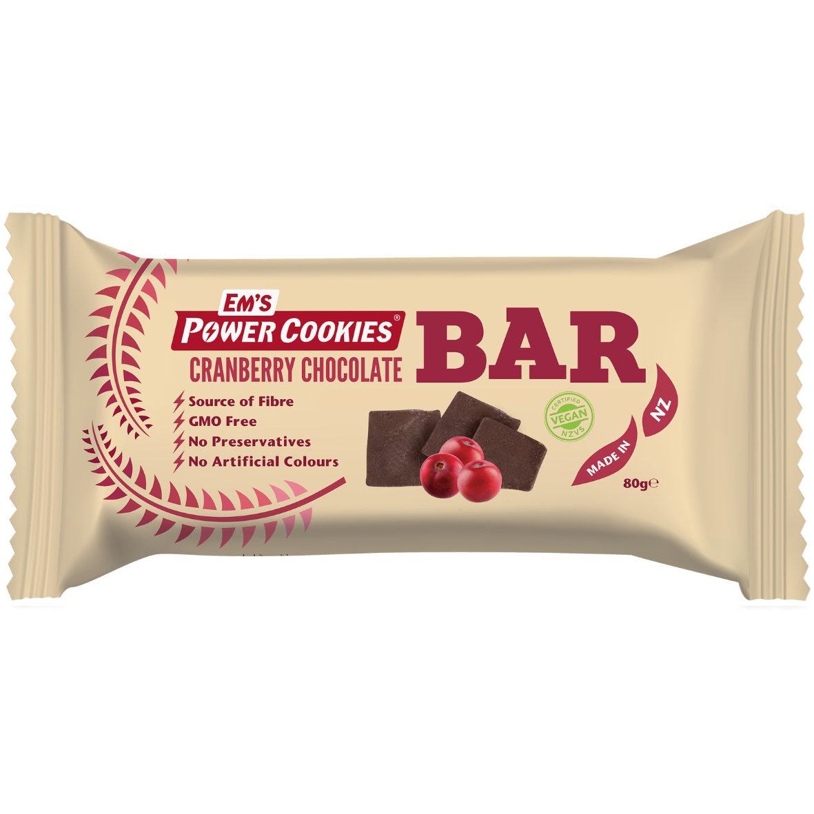 Em's Power Cookies - Energy Bars - Cranberry Chocolate (Vegan) 80g